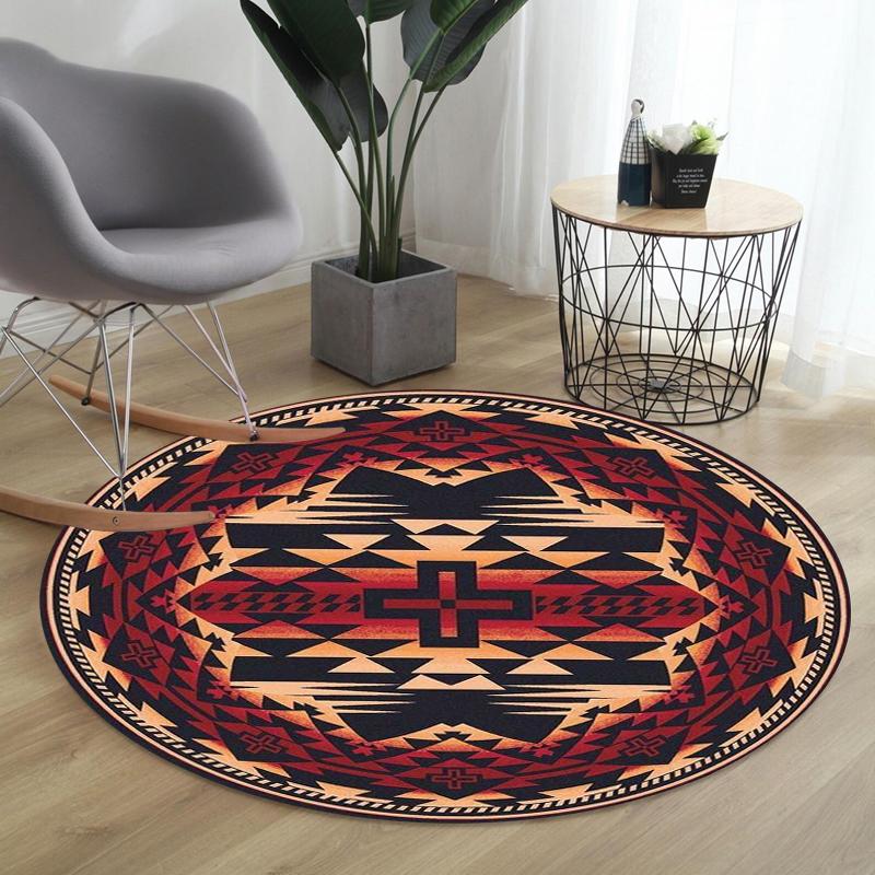 Native American Stijl Ronde Vloerkleed Tribal Azteeks Geometrisch Patroon Mat Huisdecoratie Rood Zwart Southwest Design 80X80CM