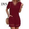 Women Summer Suit Top Shorts Two Piece Set V-Neck T-shirts Breathable Lounge Wear Solid Color Casual Short Sleeves Shirts Pants