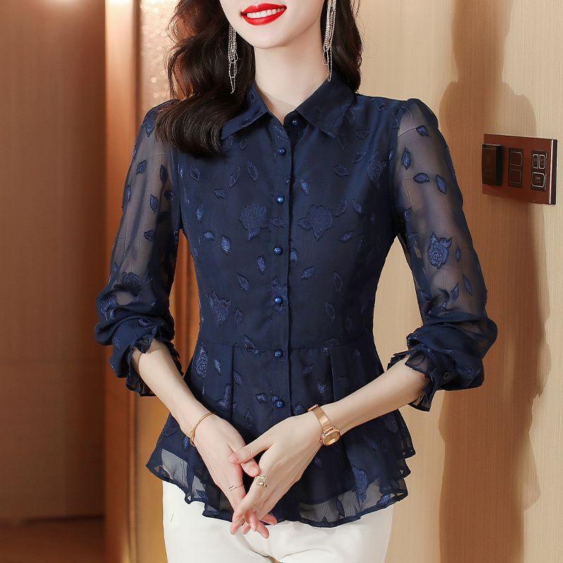 Elegant Floral Long Sleeve Chiffon Blouse Women's Autumn Collection Waist-cinching Stylish Skirt Top