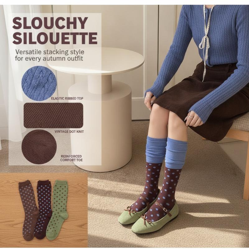 Vintage Color Blocked Dots Women Socks Autumn Winter Knitted Cotton Elastic Long Socks Women Polka Dot Japanese Cute Socks