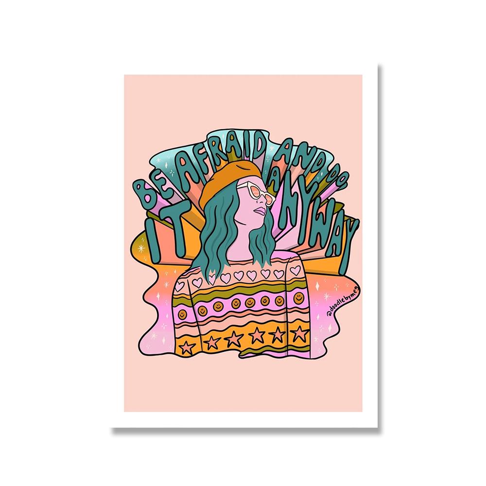 Przytulny abstrakcyjny plakat ścienny sztuka drukuj przyszłość wszechświat marzycielka dziewczyna kaktus różowy pomysł podróż pocztówki płótno malarstwo wystrój domu