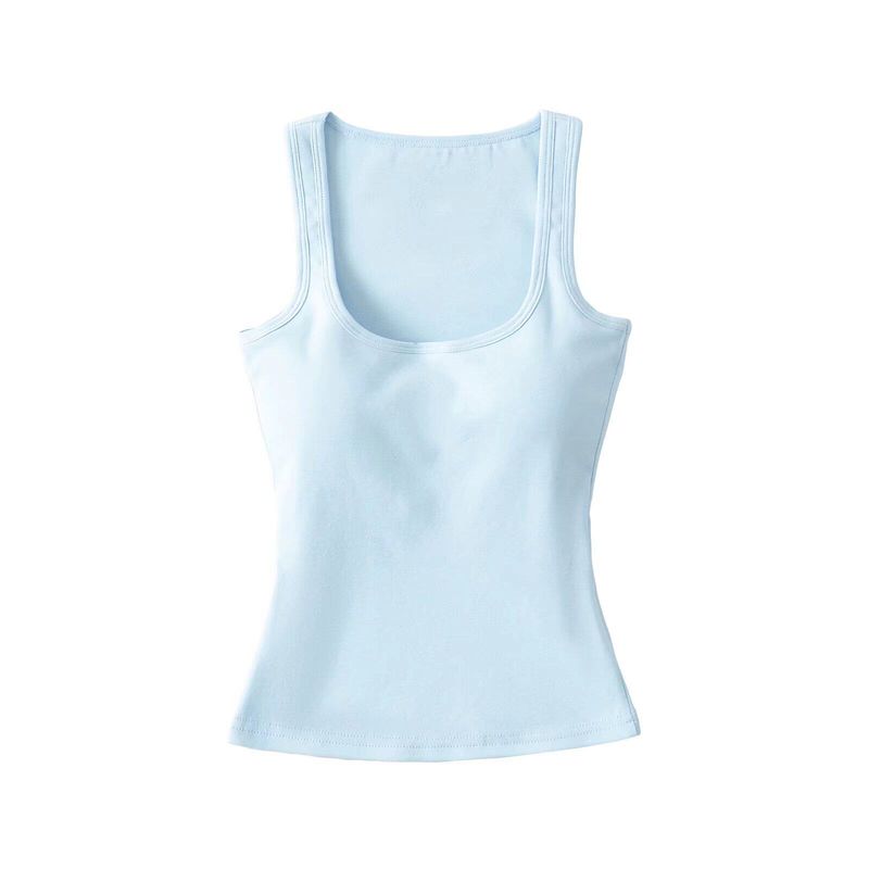 2025 Spring/Summer Hot Girl Sexy Low-Cut U-Neck Tank Top with Chest Pads, Women s Stretchy Slim-Fit Sleeveless Camisole Blue L