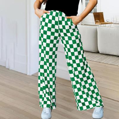 Kadın Pantolon Elastik Yüksek Bel Ekose Baskılı Geniş Paça Günlük Pantolon Bol Kesim Pantolon Tatil İş Günlük Giyim