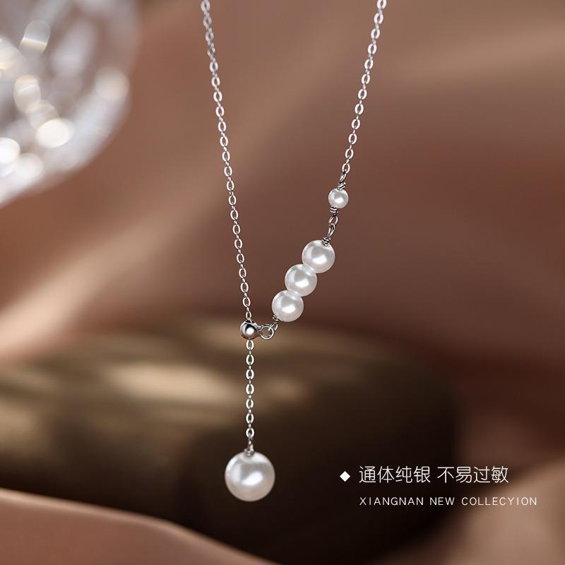 Silver Pearl Necklace Women Clavicle Chain Light Luxury Sweater Chain