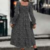 Herbstmode Damen Kleid mit quadratischem Ausschnitt und kleinem Punktmuster
