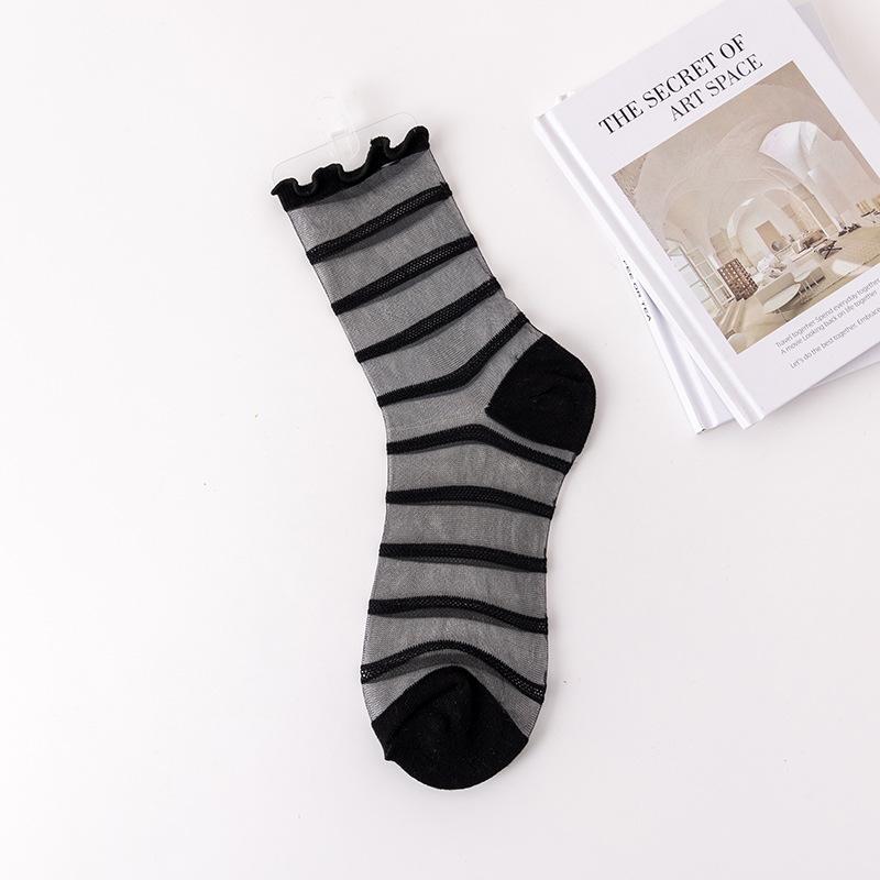 1 Pair Women's Lolita Summer Thin Crystal Glass Socks French Lace Ruffled Knee High Heart Stripes Sheer Mesh Socks for Girls