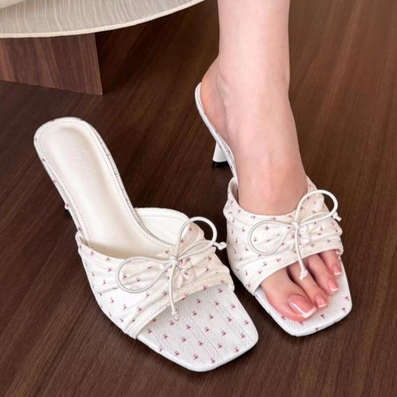 New Summer Women Square Toe High Heel Slippers Fashionable Butterfly-knot Dress Slide Ladies Evening Party Sandals Zapatos Mujer
