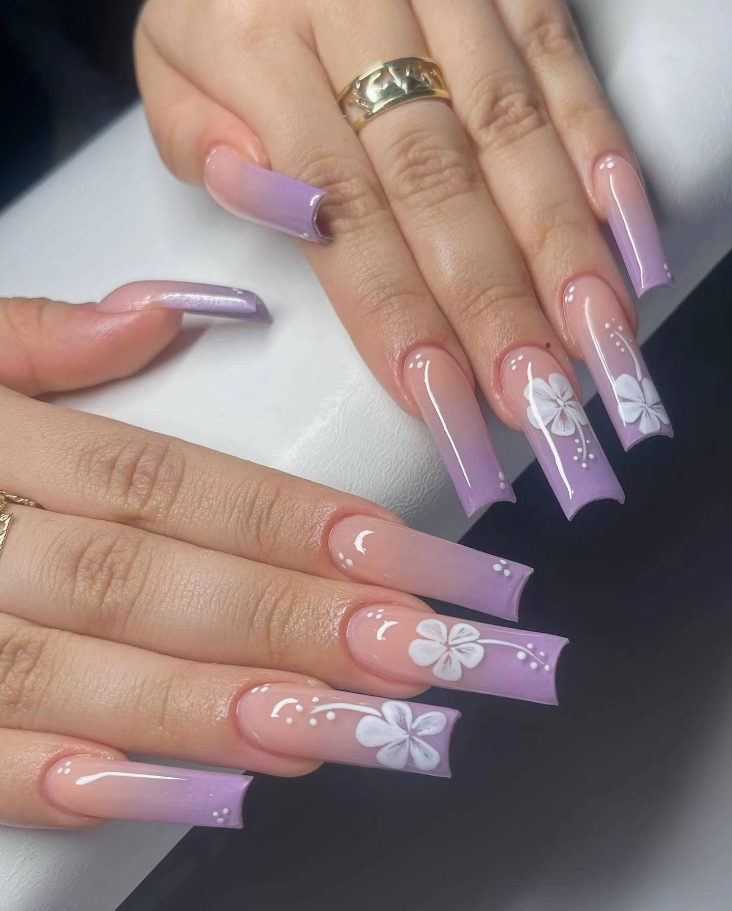 

Европейский и американский хит продаж нейл-арт классическая мода высококачественный фиолетовый градиентный цветок длинный квадратный накладные ногти Free jelly glue + rubbing strips