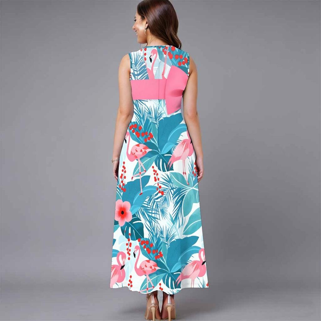 Oversized Female Sleeveless Round Neck Dress Fresh Tiny Floral Printed Loose Mid Length Outfit