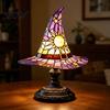 Warm Ambient Lighting Stained Glass Style Witch Hat Lamp, USB Powered Resin Wizard Night Light Retro Gothic Lamp with Sun Star, Halloween Table