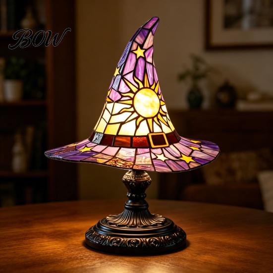 Warm Ambient Lighting Stained Glass Style Witch Hat Lamp, USB Powered Resin Wizard Night Light Retro Gothic Lamp with Sun Star, Halloween Table