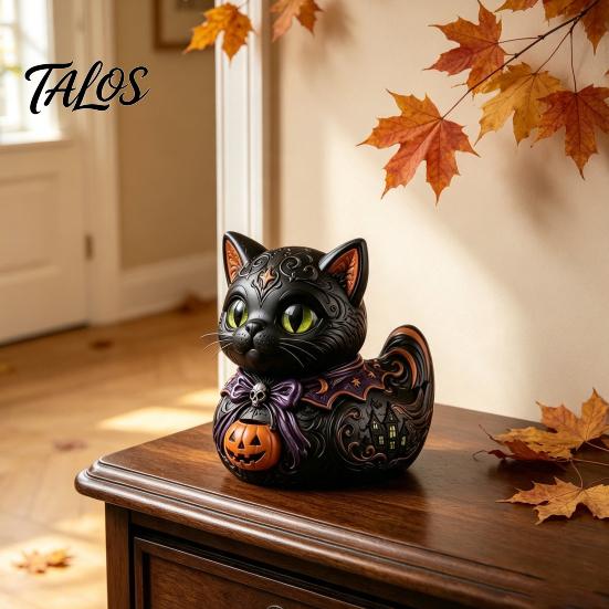 Resin Animal Ornament Midnight Witches Cat Duck Figurine, Spooky Black Statue Home Accents with Pumpkin Lantern, Halloween Decoration for Tabletop
