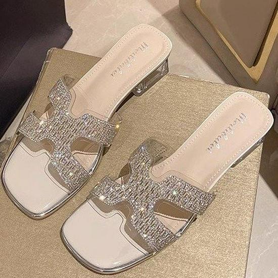 Papuci de vară la modă cu toc înalt și strasuri pentru femei