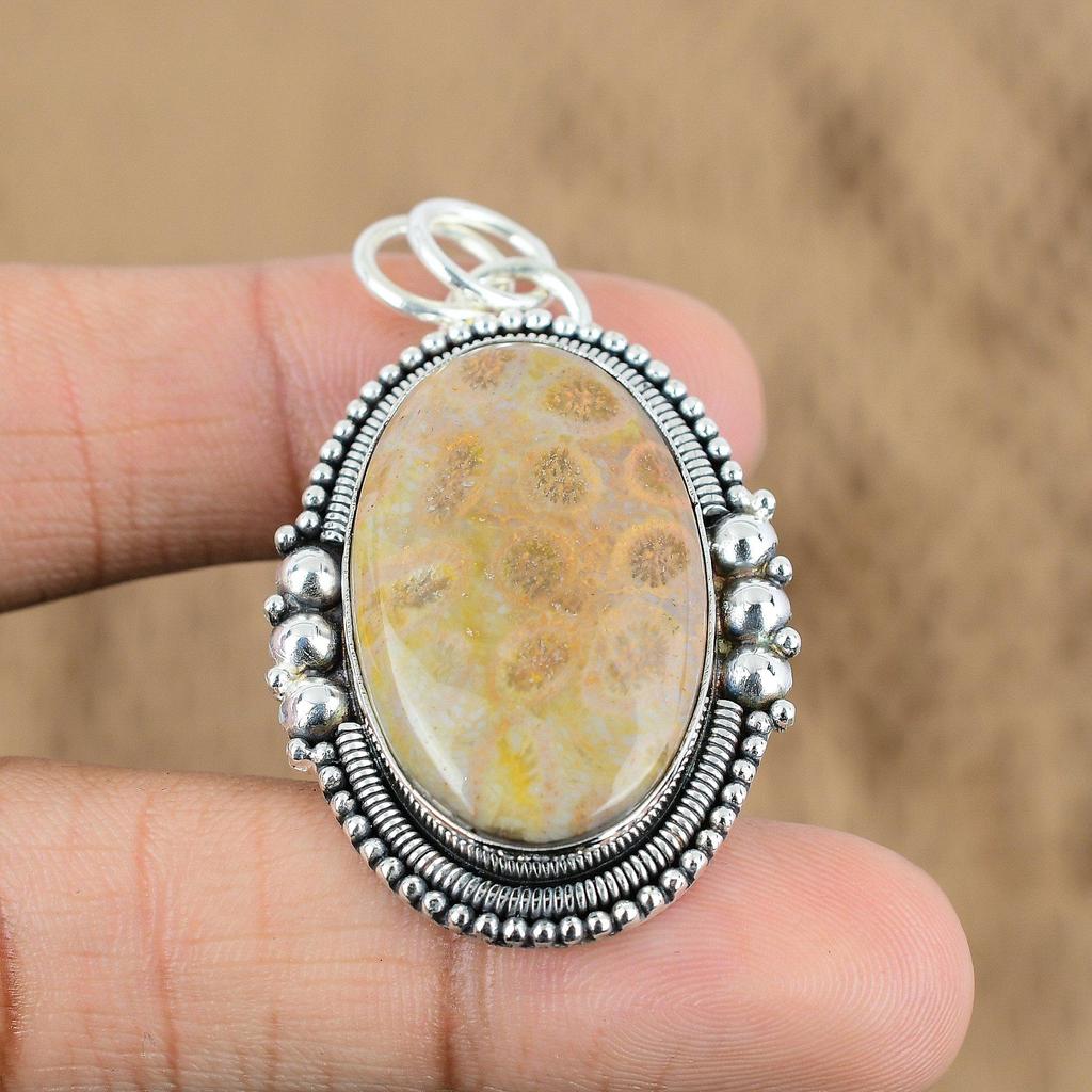 Womens Day Deal Fossil Coral Stone Sterling Silver Art Deco Engagement Pendant