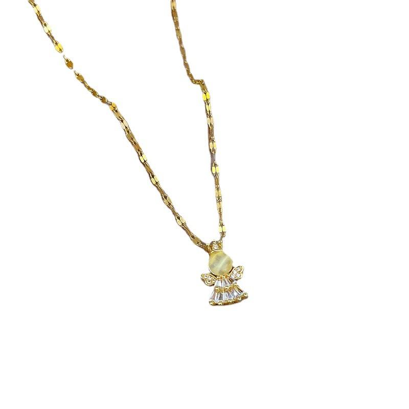 Titanstahl Leichter Luxus Mikro-Eingelegt mit Echtgold Katzenauge Engel Halskette Damen Neue Schlüsselbeinkette Leichter Luxus Nische Designgefühl