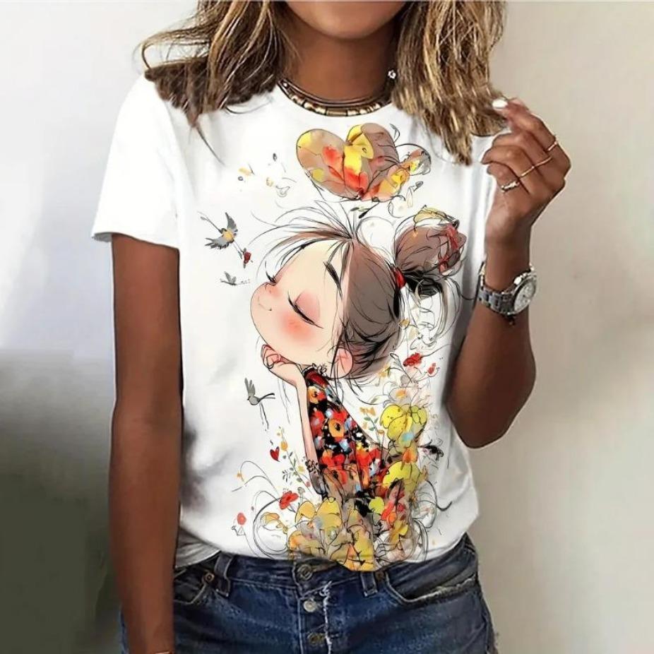 Summer Women's T Shirt Anime Girl Pattern Print Casual Short Sleeve Pullover Fashion Streetwear Cute Girl Tee Female Clothing