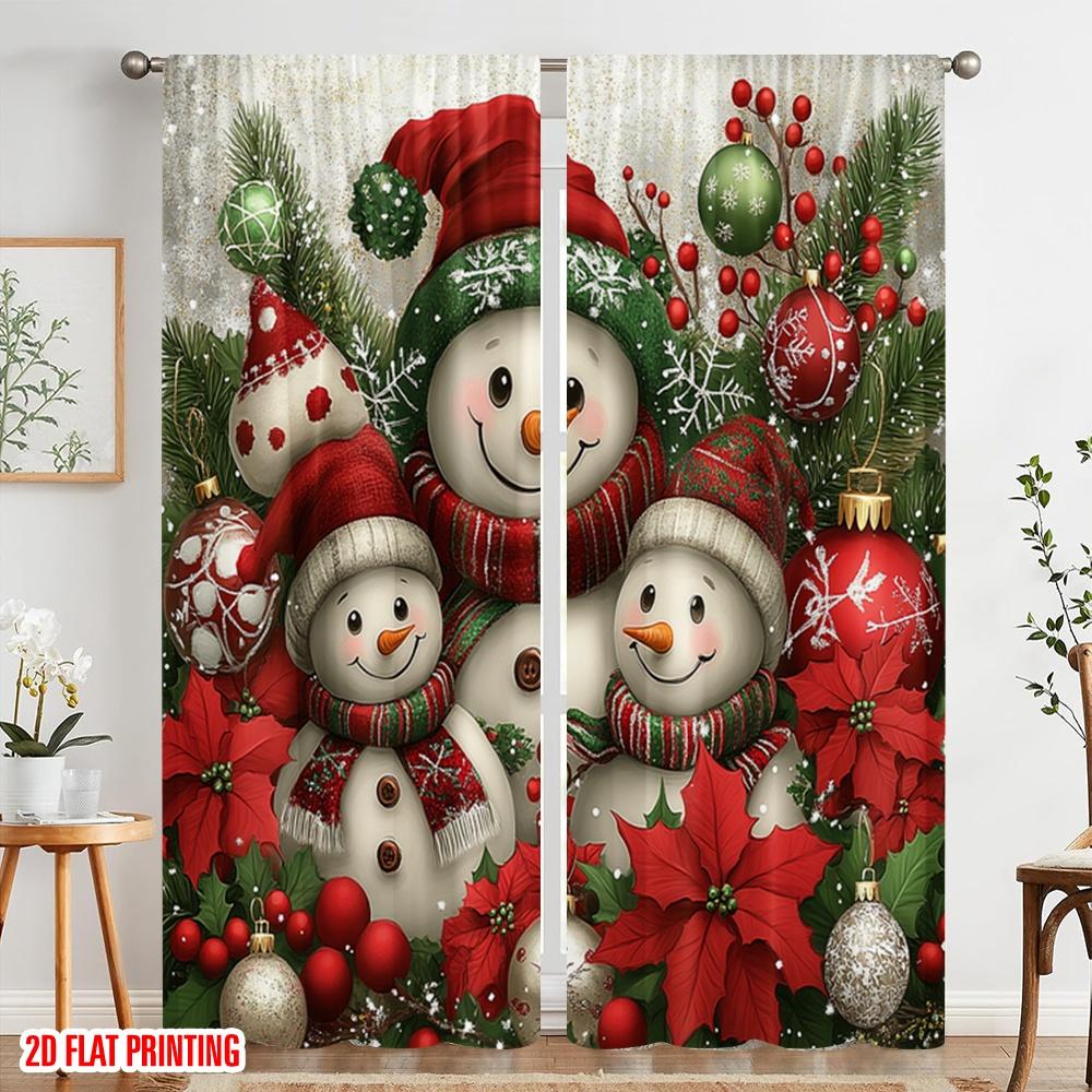 2pcs,2D Plane Printing Creative Curtains Cute Snowman Christmas Family (3) Durable Polyester (without Rod) Holiday for Bedroom,