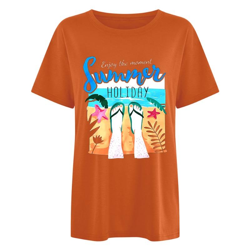 

Весна Лето Письмо Пляж Вид На Море Узор Печатный Женские Свободные Повседневные Круглый вырез Чистый Хлопок Короткие Рукава Футболки Женские L оранжевый