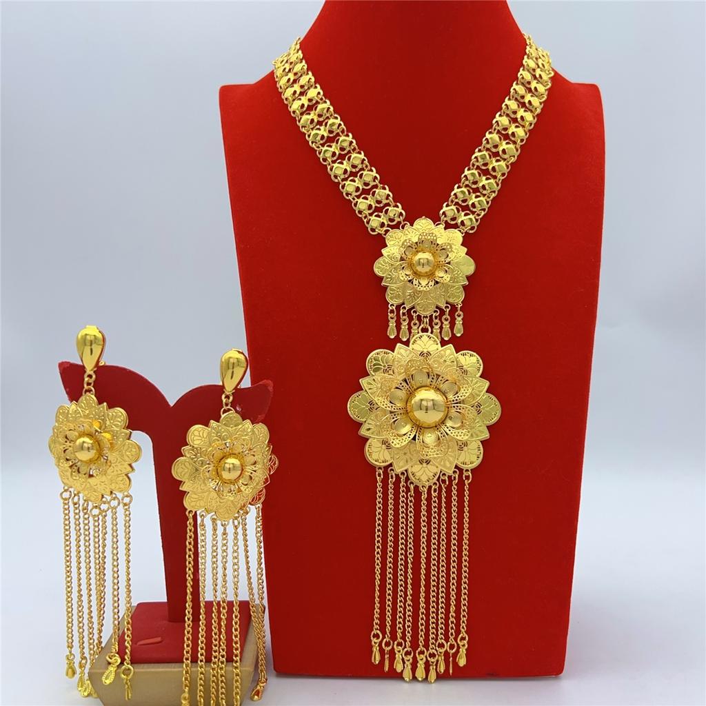 Indian 24K Gold Plated Big Necklace Earrings Jewelry Set For Women African Dubai Nigeria Bridal Wedding Party Gift Jewellery