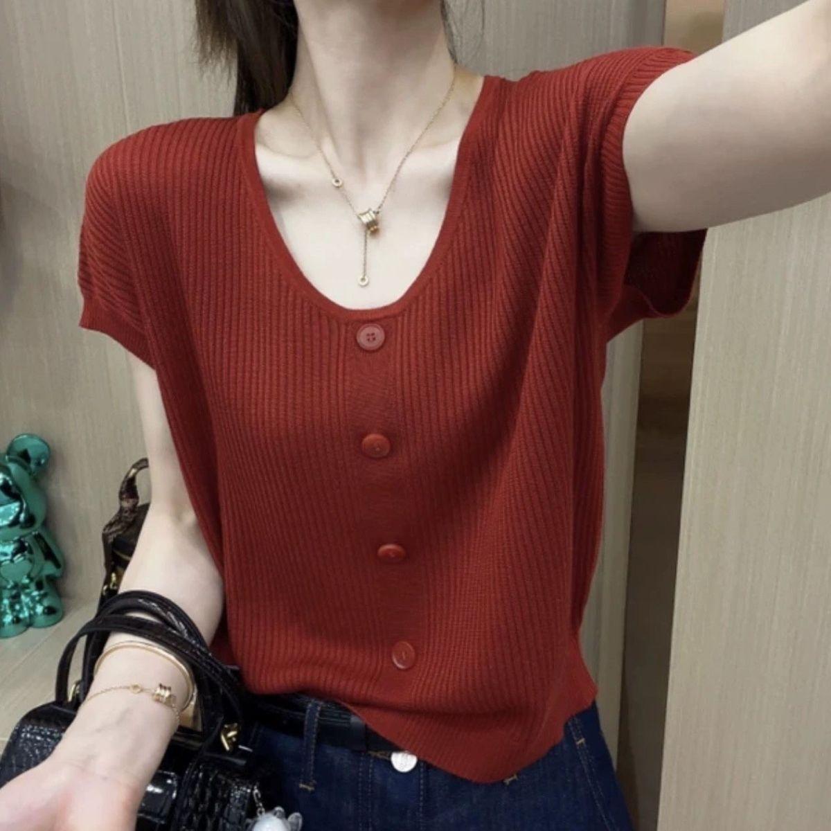 

Летний трикотаж с V-образным вырезом и короткими рукавами, женская свободная футболка, женский топ 2XL красный