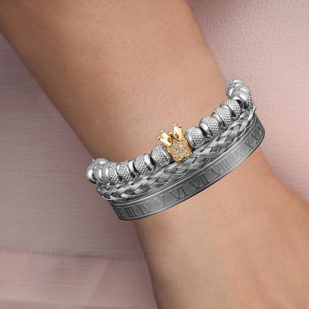 Luxury Micro Pave Crown Bracelets Roman Royal Charm Mens Bracelets Stainless Steel Crystals Bangles Couple Jewelry Gift