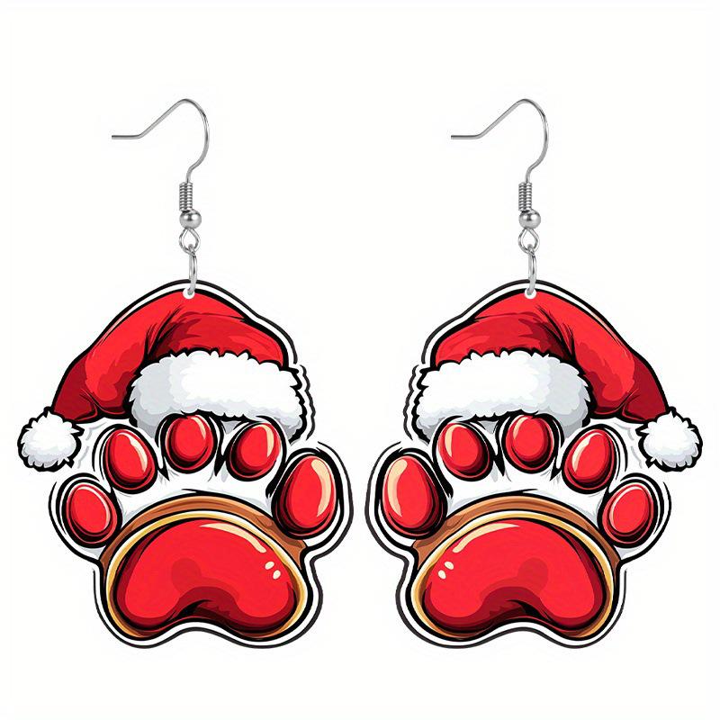 Charming Christmas Dog Paw Acrylic Earrings with Red Hat - Perfect Holiday Gift for Her