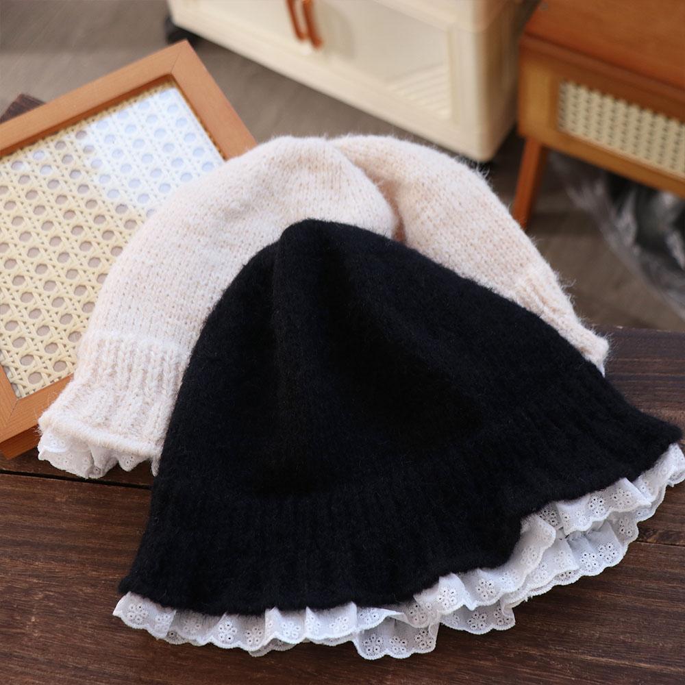 Yarn Women Bucket Hat Lace Trim Beanie Hat Fashion Knitted Fisherman Hat  Girl