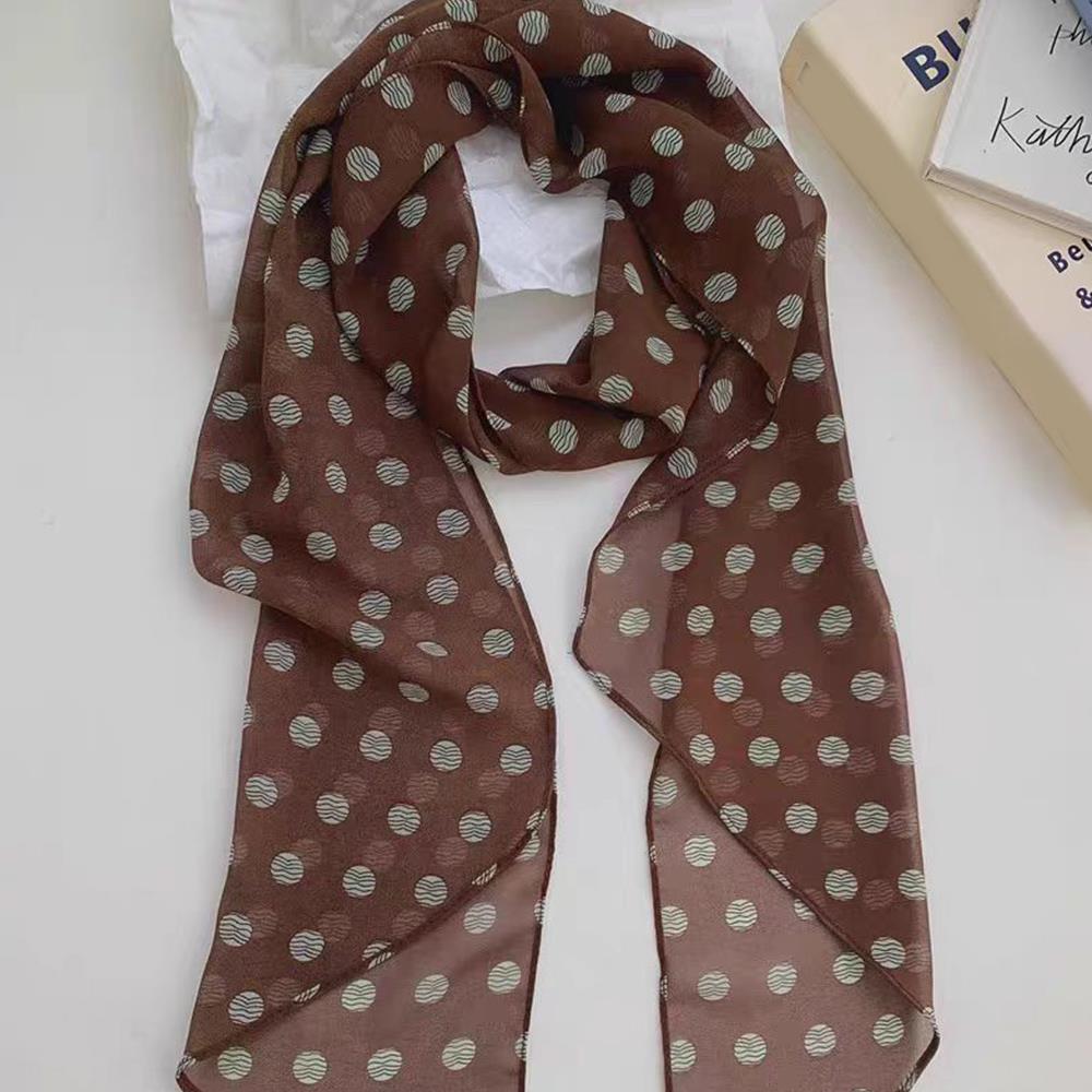 

2025 Trendy Women Summer Black Brown Polka Dot Scarf Neck Scarf Spring Fashion Hair Band Neck Protection Small Scarf shawl коричневый