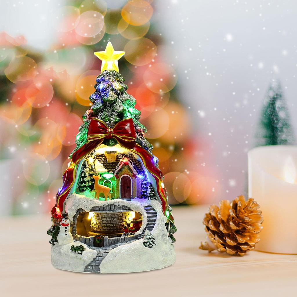 Christmas Tree Glowing House Music Ornament Adults Kids Rotating Train Winter Scene House for Home Table Office Holiday Decor