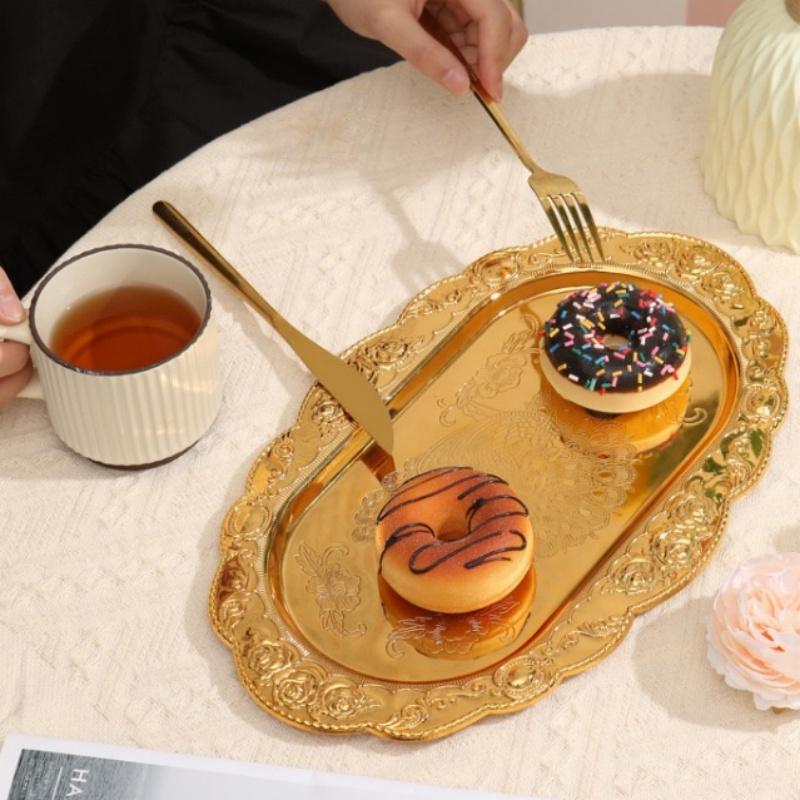 European Vintage Fruit Plate, Alloy Household Rectangular Plate, Golden Dessert Hotel Tray, High-End Home Tabletop Decoration