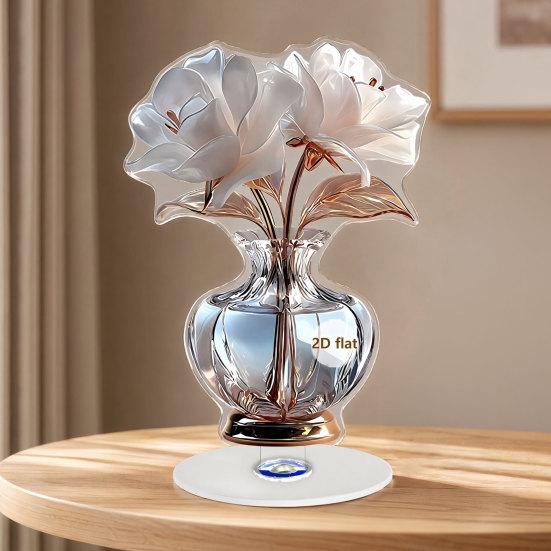 2D Flat Flower Ornament, 360-Degree Rotating Vase Acrylic Ornament with Base, Flower Vase Tabletop Decoration for Home Desk Shelf Decor