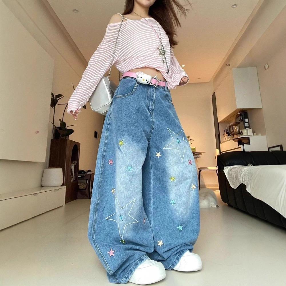Women's High Waist Wide Leg Jeans Loose Fit Star Embroidery Vintage Washed Denim Pants Streetwear Trousers