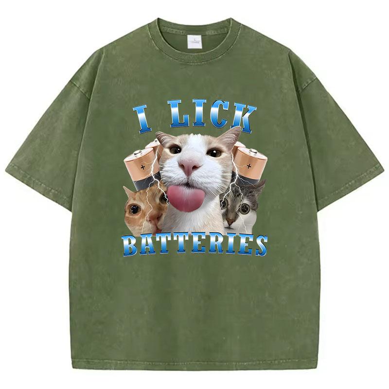 Fashion T Shirt Vintage Washed Cotton TShirt I Lick Batteries Funny Cat Graphic Tee Casual Streetwear Spring Summer Shirt S
