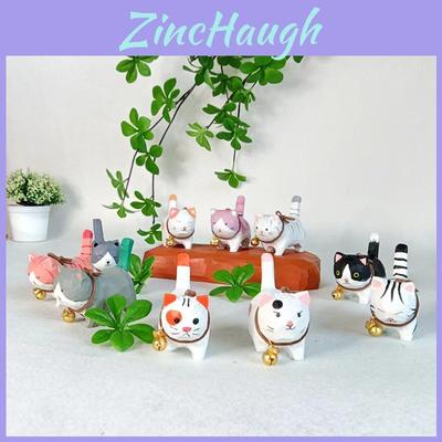 Wooden Handcrafted Carved Cat Figurine Cute Bell Desk Decor For Gifts And Home Office