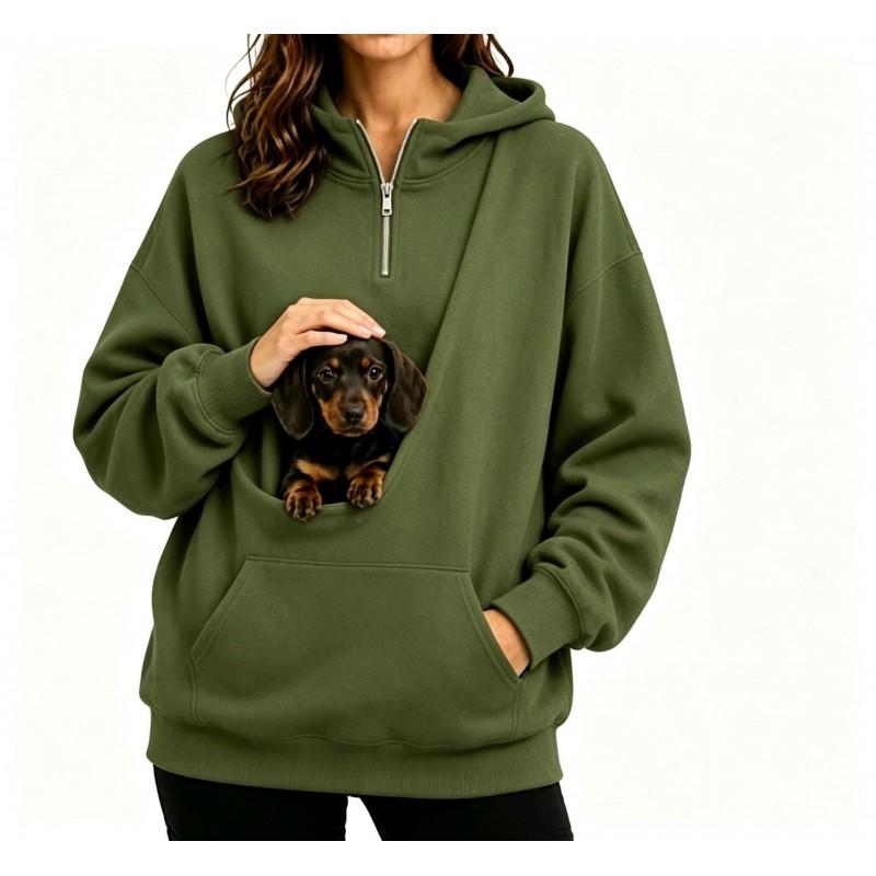 Womens Half-Zip Hooded Sweatshirt With Pet Pocket Loose Fit Fall Winter Top Small Dogs