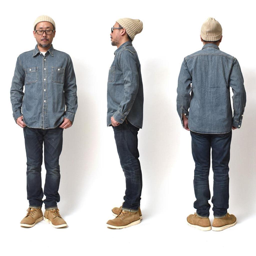 Long Sleeve Denim Shirt Work US [Houston] Men's (American Casual, Faded, Shirt, Cotton) (XL Size, Indigo)
