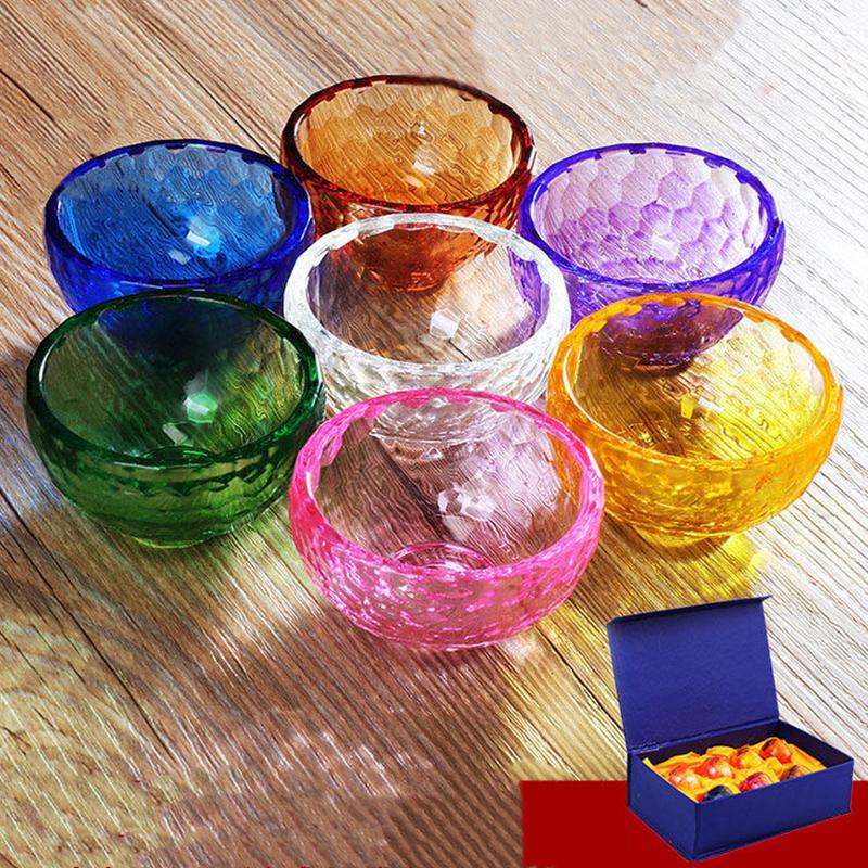 

7pcs Embossed Multicolor Glass Buddha Bowl Hammer Texture Handicraft Holy Water Cup Bowl Buddhist Home Gift Lnterior Decorative 6cm