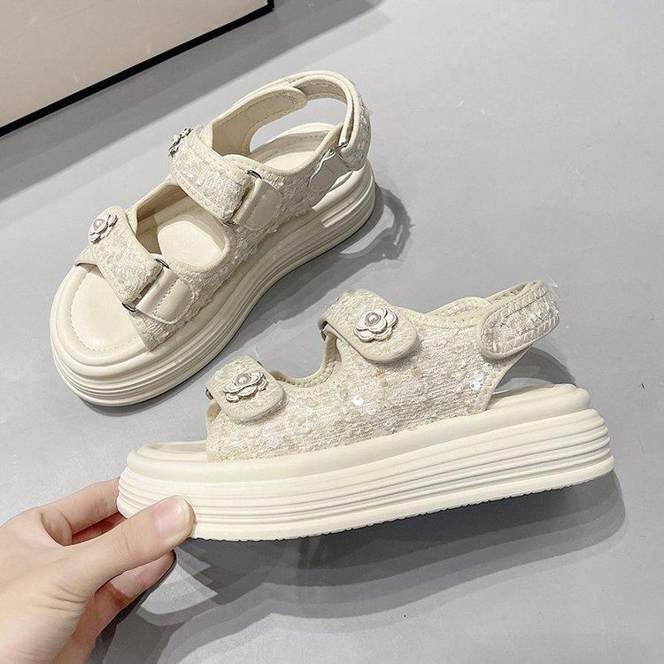 2025 Summer New Xiaoxiangfeng Velcro Rhinestone Roman Sandals Women's Fashion Outer Wear Platform Casual Beach Women's Shoes