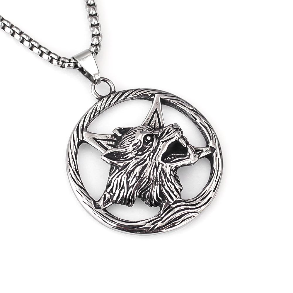 Pentagram Viking Wolf Head Men's Pendant Retro Titanium Steel Men's Necklace
