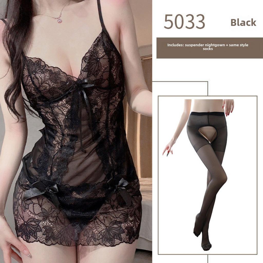 Purple Pure Desire Suspender Nightdress Hollow Lace Transparent Bed Sexy Pajamas Flirting