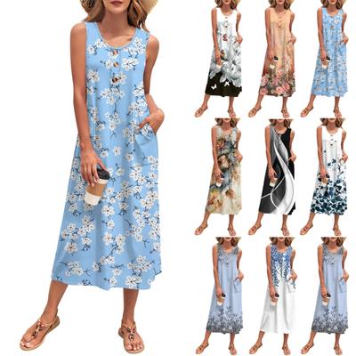 Damen Sommer Maxikleid Ärmellos Button Down Lässig Locker Langes Strand Sommerkleid Reiseurlaub Outfits