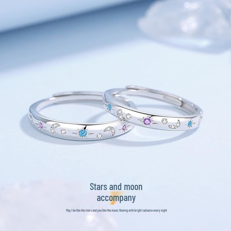 Tichia Star & Moon S925 Sterling Silver Adjustable Unisex Couple Rings - Original Niche Design