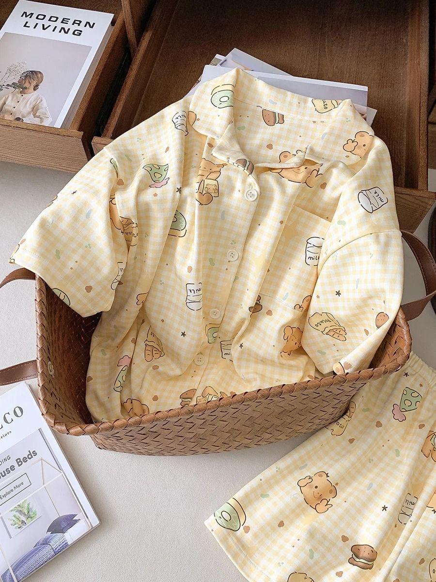 

Yellow plaid butter bear pajamas women s summer short-sleeved shorts cardigan set loungewear girl casual two-piece set S