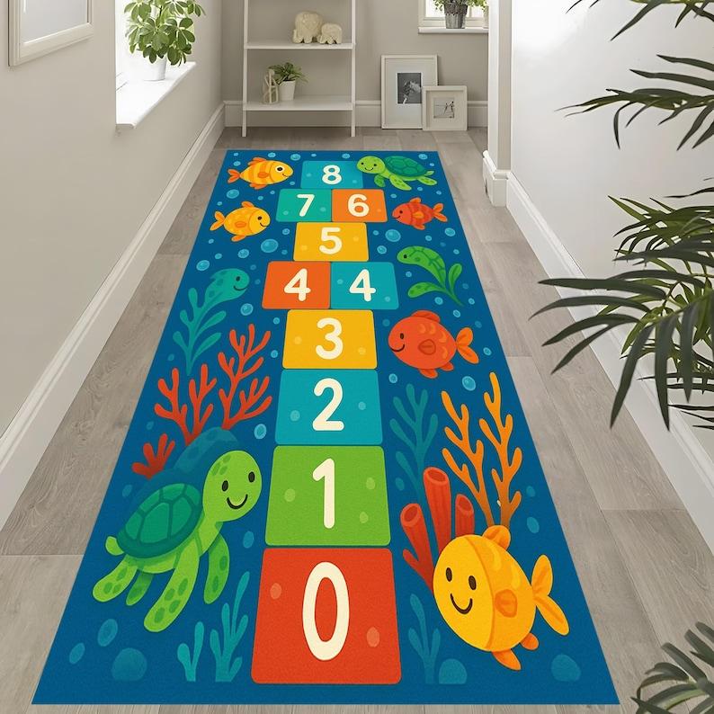 Dinosaur Hopscotch Pattern Kids Runner Rug NonSlip Mat for Playroom Nursery Living Room Jungle Theme Washable Carpet Floor Decor