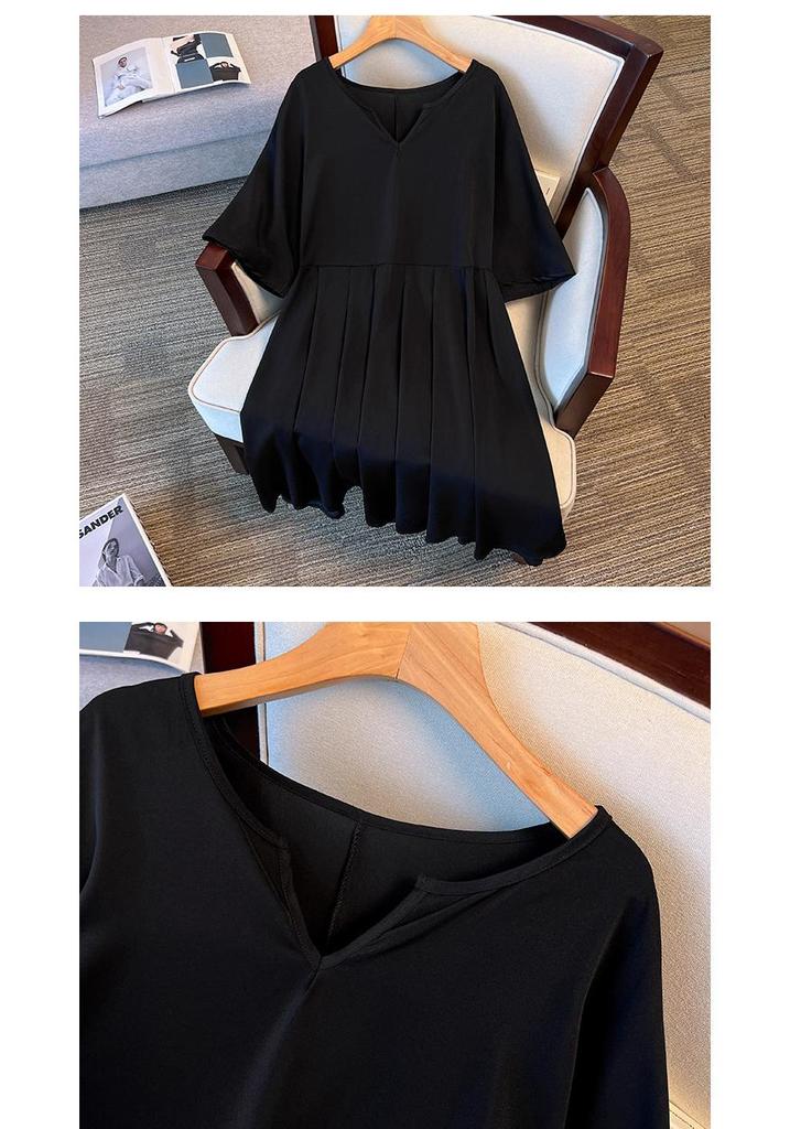 Artistic Retro Plus-Size Short-Sleeve Mid-Length Dress