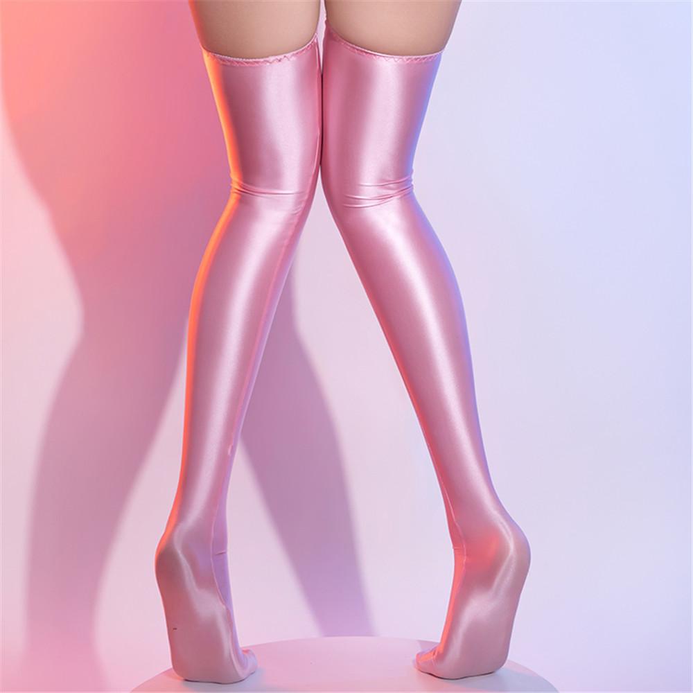 Women Stain Smooth High Stockings Oil Glossy Shiny Elastic Vintage Tight Shaping Stockings Overknee Dance Wear Candy Color