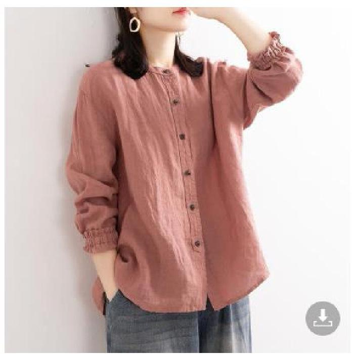 Spring Autumn Women's Cotton Linen Shirt Long Sleeved Loose Round Neck Shirt Casual Jacket with Closed Sleeves Top