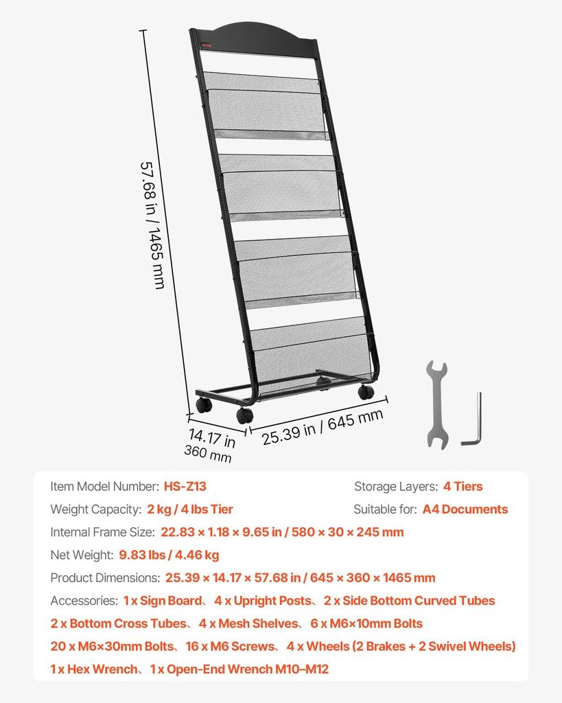 Brochure Display Rack, 4-Tier Magazine Literature Display Stand with Wheels, Movable Floor Standing Magazine Rack, Heavy Duty Newspaper Catalog