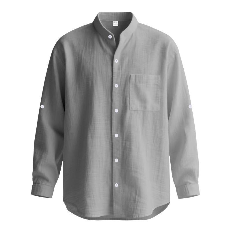 New Spring/Autumn Linen Long-Sleeved Men's Shirt Casual Beach Holiday Stand-Up Collar Commuter Shirt