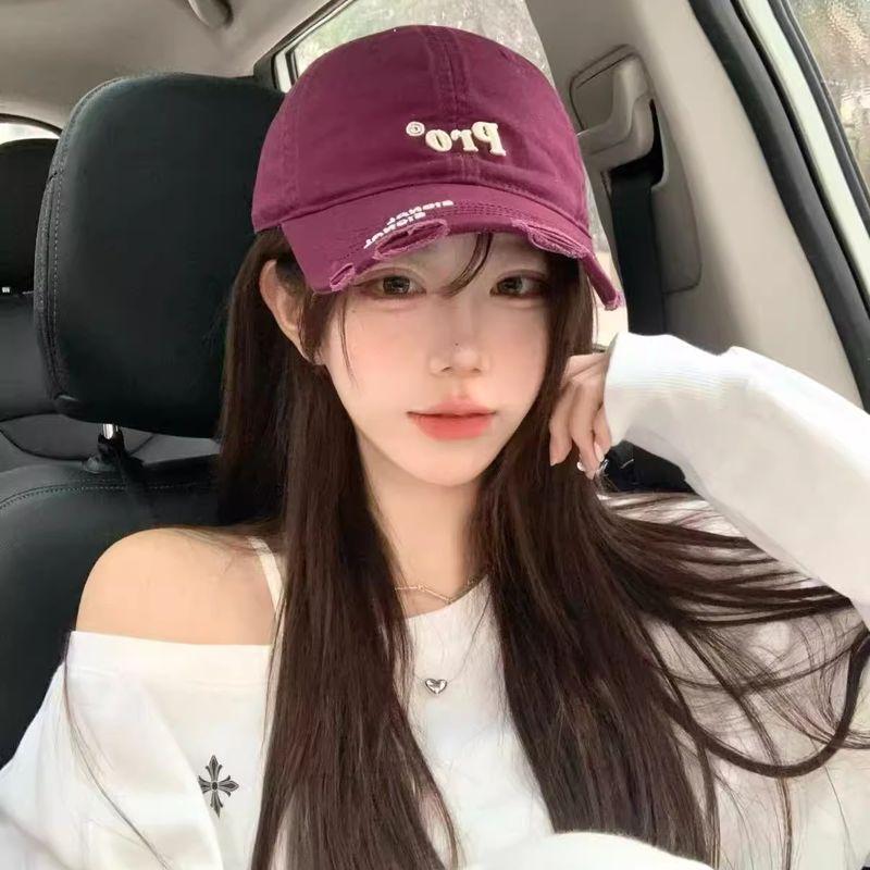 

Internet Famous Hat Wig One-Piece Women s Long Hair Summer Ripped Letter Print Baseball Cap Korean Style Fashion All-Match Soft Top Peaked Cap Purple + cold brown long straight +3 piece set